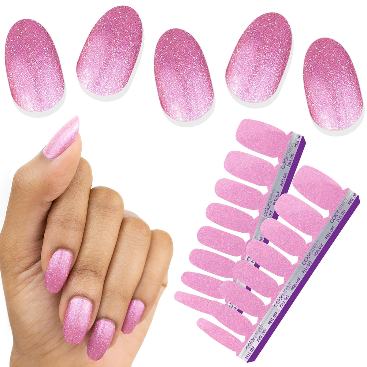 Color Street front packaging showing bubblegum pink strips and brand logo for instant shimmer