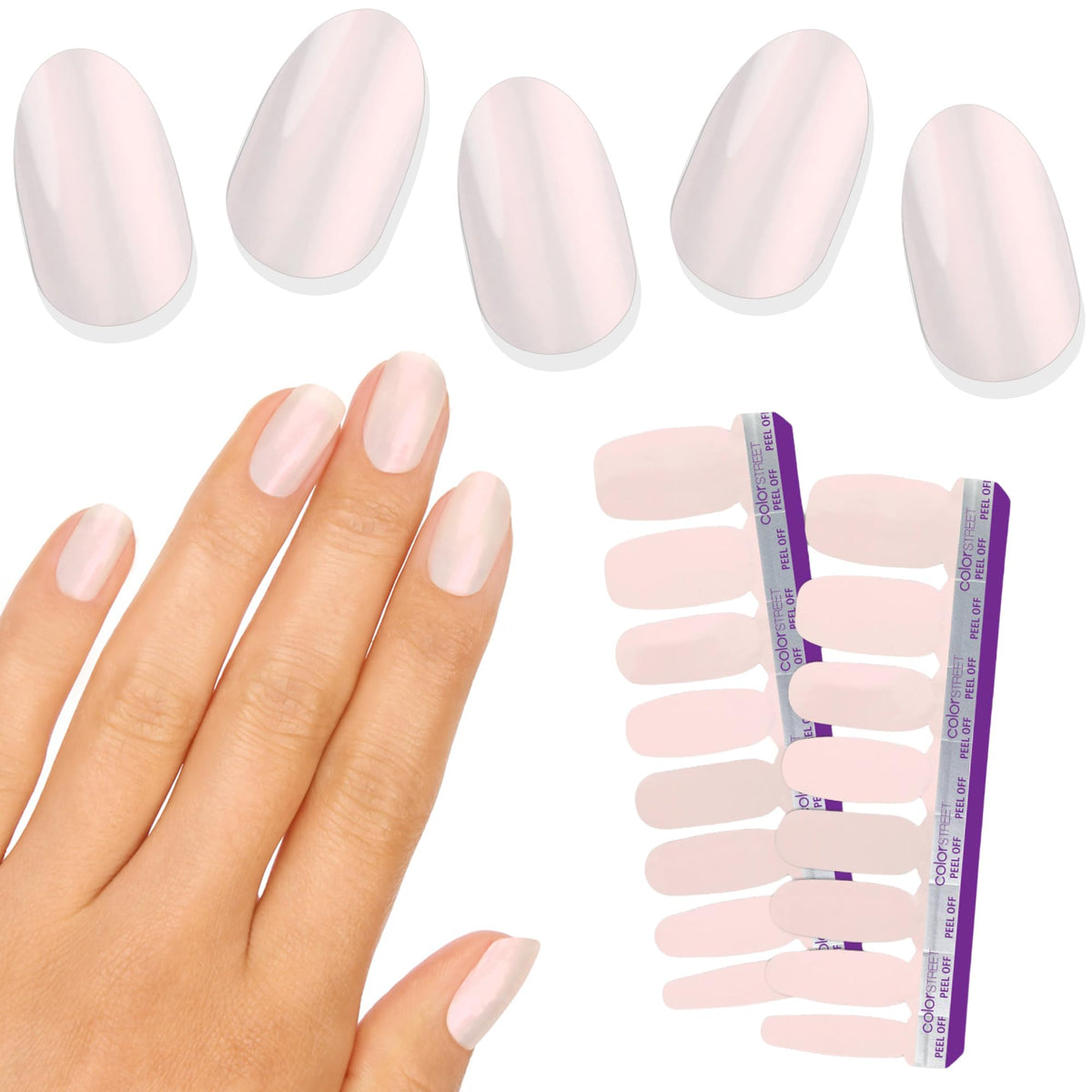 Color Street front packaging showing shimmery white-pink strips and benefits