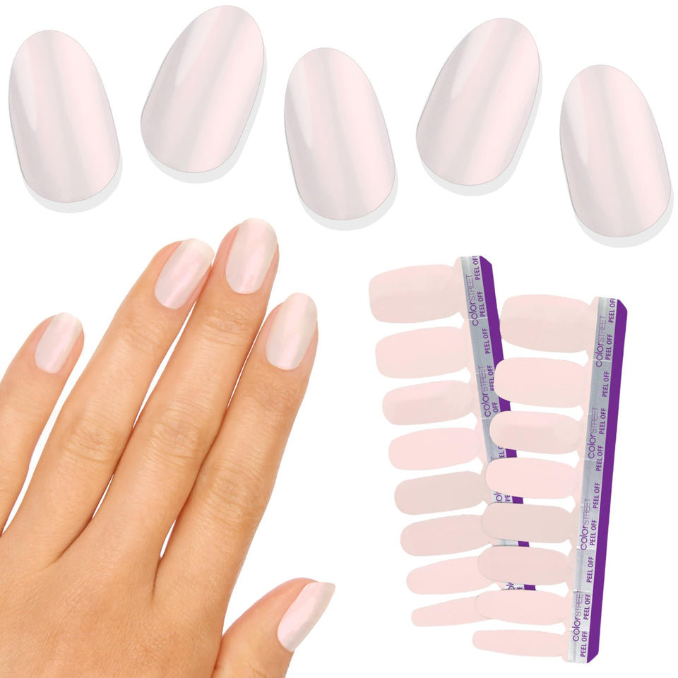 Color Street front packaging showing shimmery white-pink strips and benefits