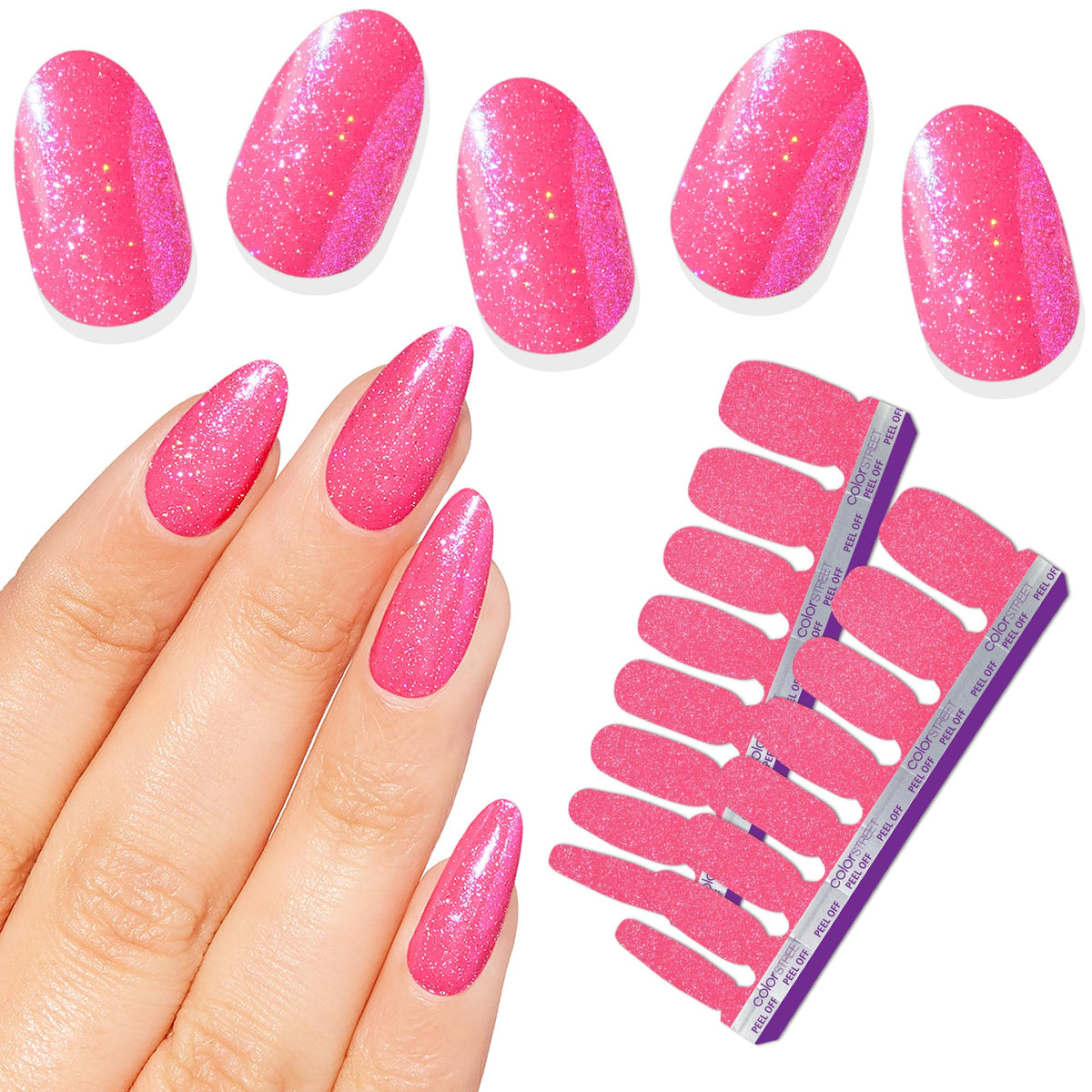 Color Street front packaging showing Hollywood Glamour vibrant pink sparkles for party-ready nails
