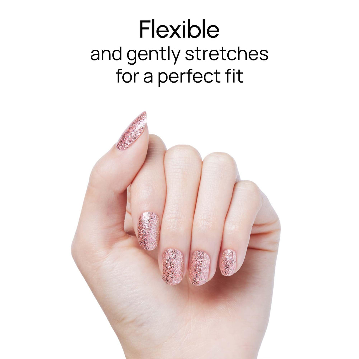 Color Street nails worn at party showing eye-catching rose gold glitter finish