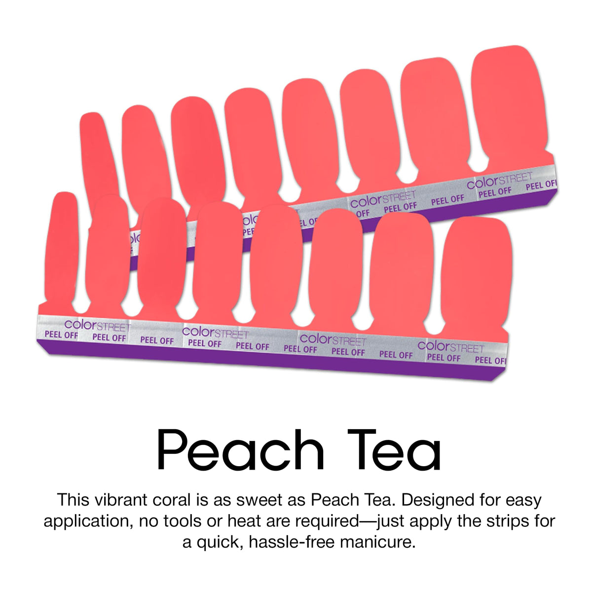 Color Street hand applying Peach Tea strip, demonstrates fast peel-and-apply convenience