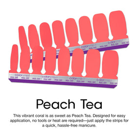 Color Street hand applying Peach Tea strip, demonstrates fast peel-and-apply convenience