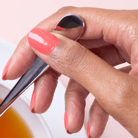 Color Street glossy finish detail on Peach Tea nail, shows high-shine benefit