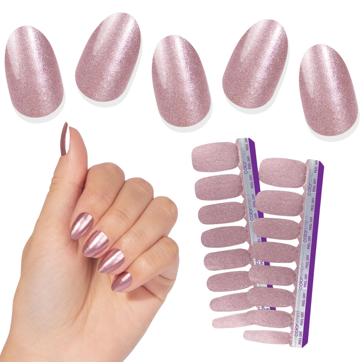 Color Street front packaging showing princess cut rose gold strips and benefits