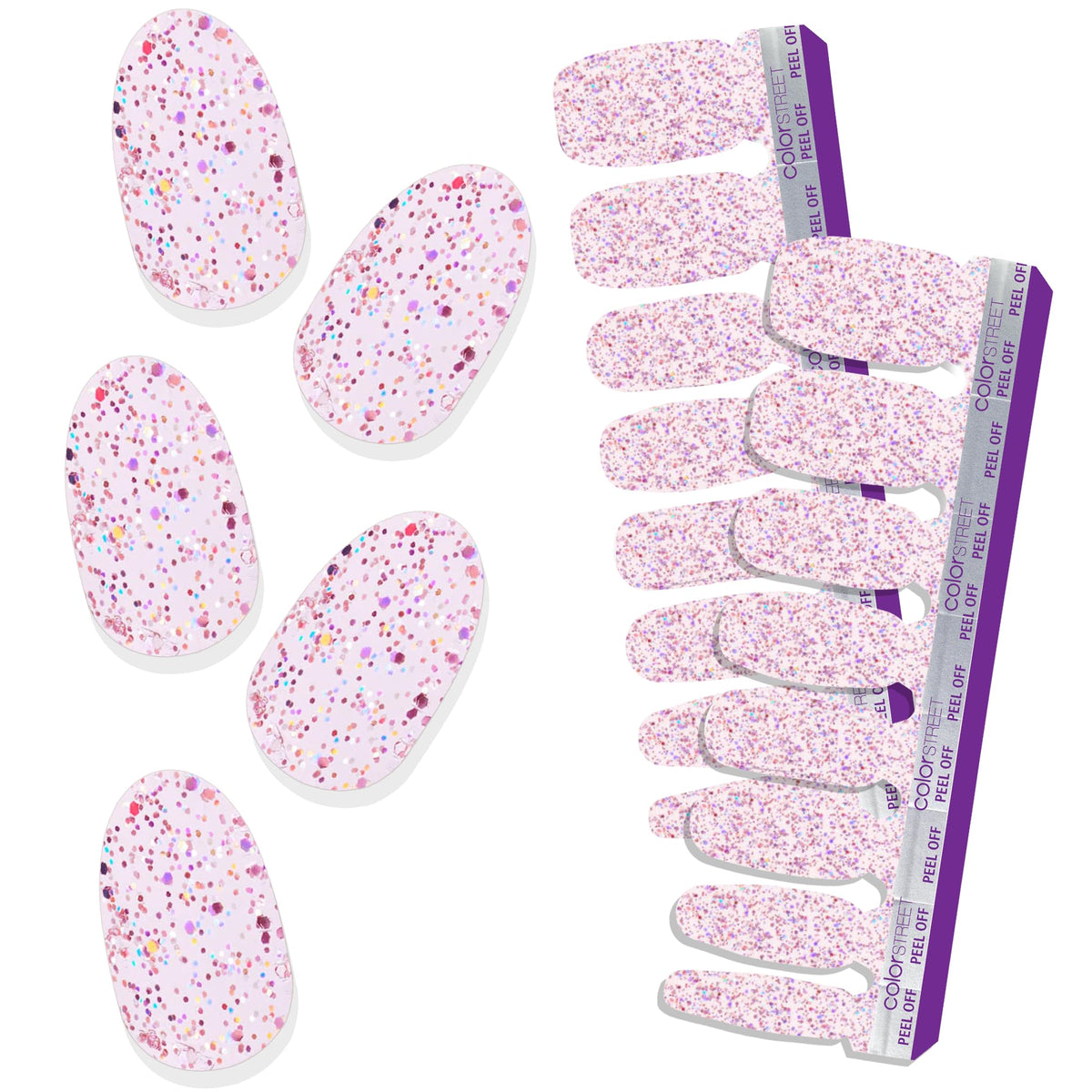 Color Street front packaging showing rosy pink glitter finish and strip count benefit