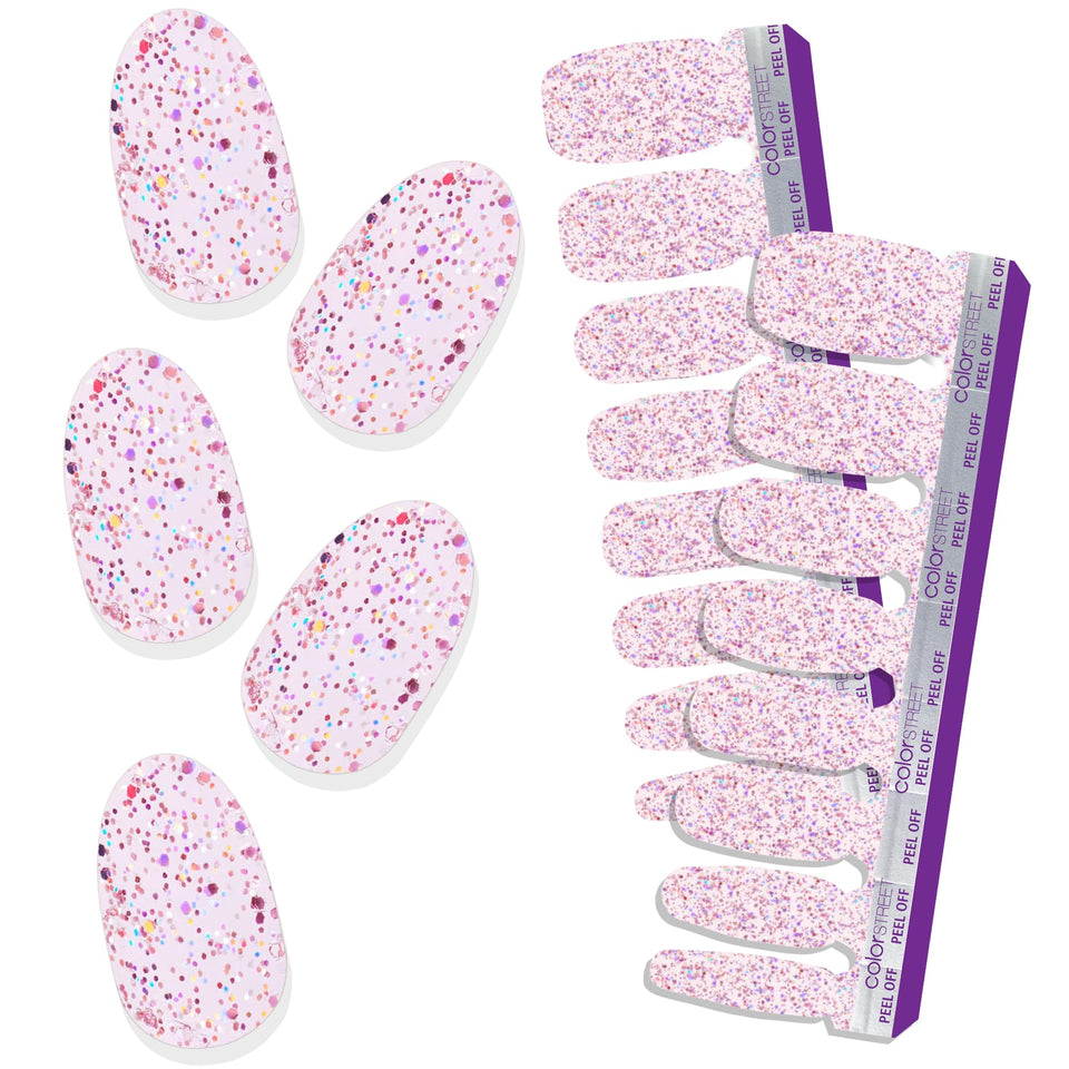 Color Street front packaging showing rosy pink glitter finish and strip count benefit