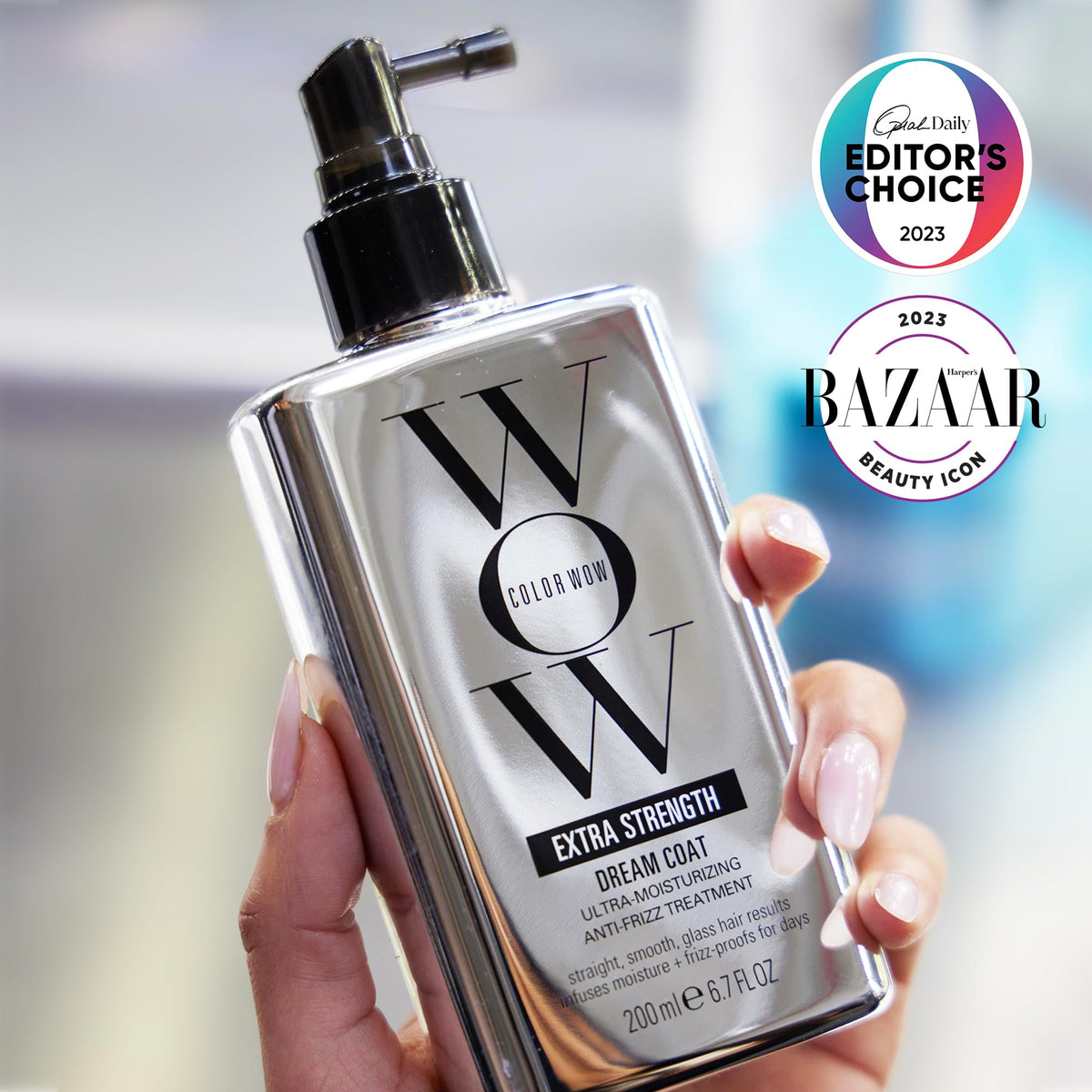 COLOR WOW being applied to damp hair to lock in moisture and reduce frizz