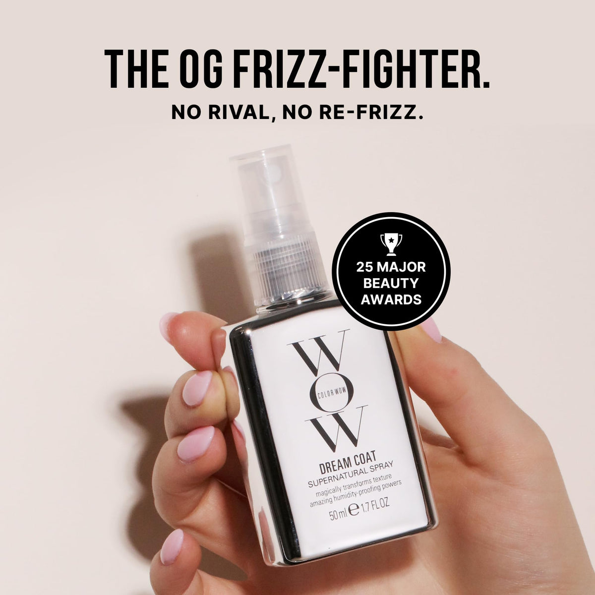 COLOR WOW spray mist dispersing from nozzle demonstrating even, lightweight application