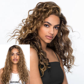 COLOR WOW spray on curly hair showing defined, frizz-free curl benefit