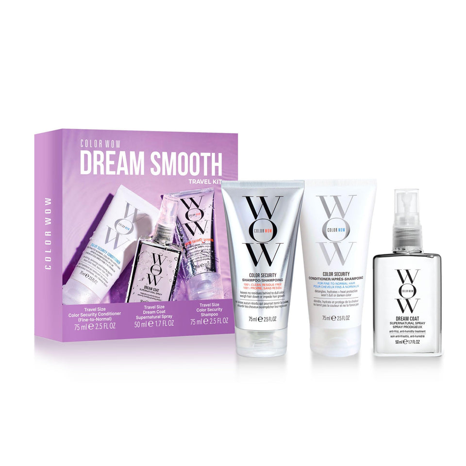 COLOR WOW travel kit front packaging showing compact bottles and glossy finish benefit