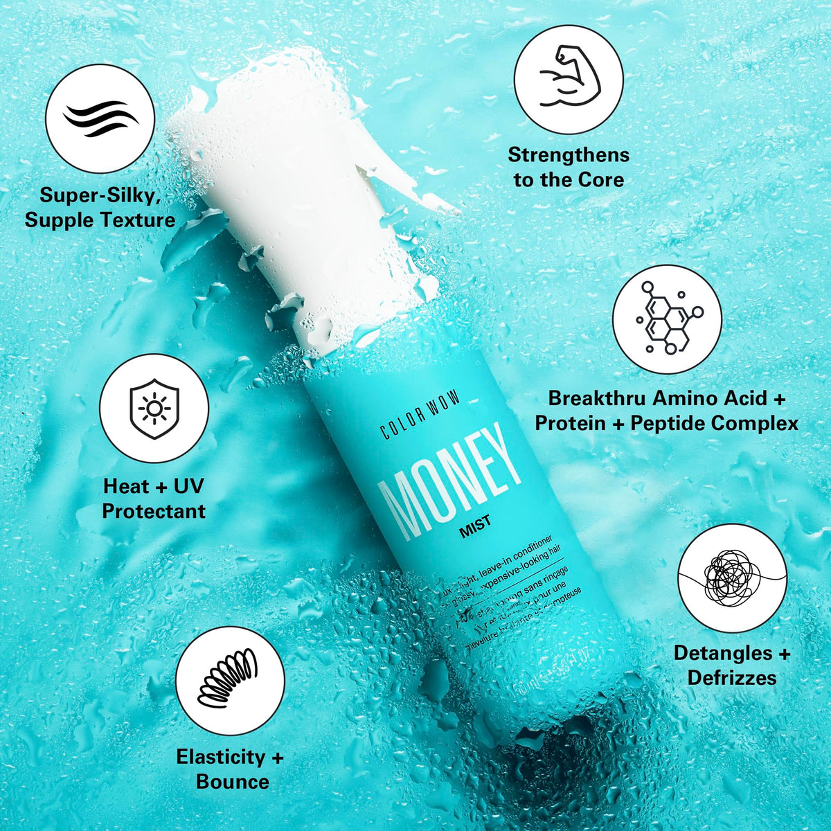 COLOR WOW Money Mist label ingredient focus showing Baolized Amino Acid Complex for added strength benefit