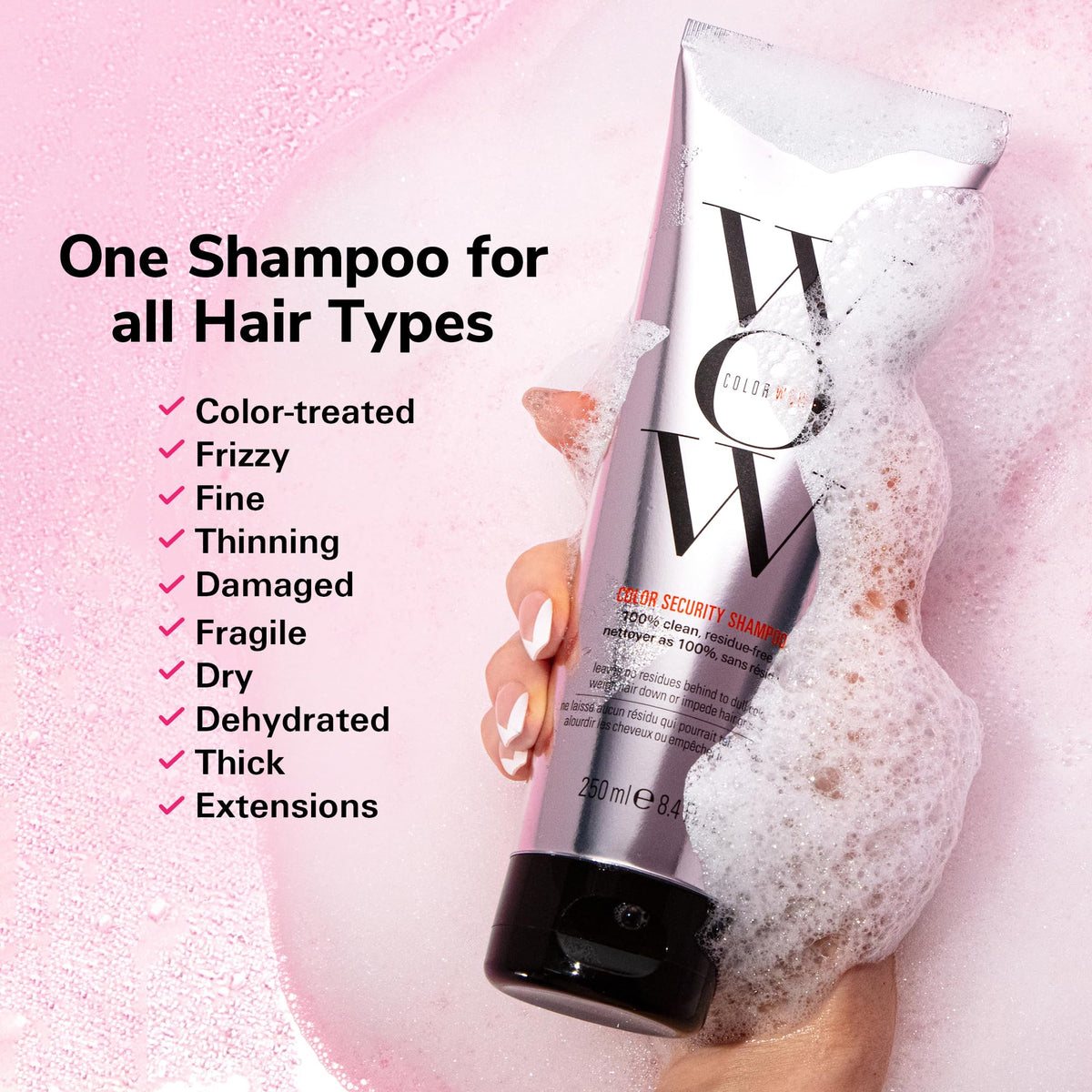 COLOR WOW shampoo pump close-up illustrating easy dispensing and creamy lather