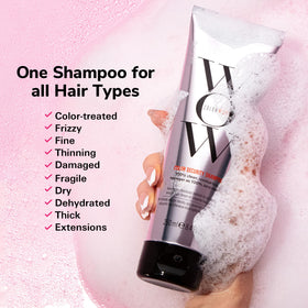 COLOR WOW shampoo pump close-up illustrating easy dispensing and creamy lather