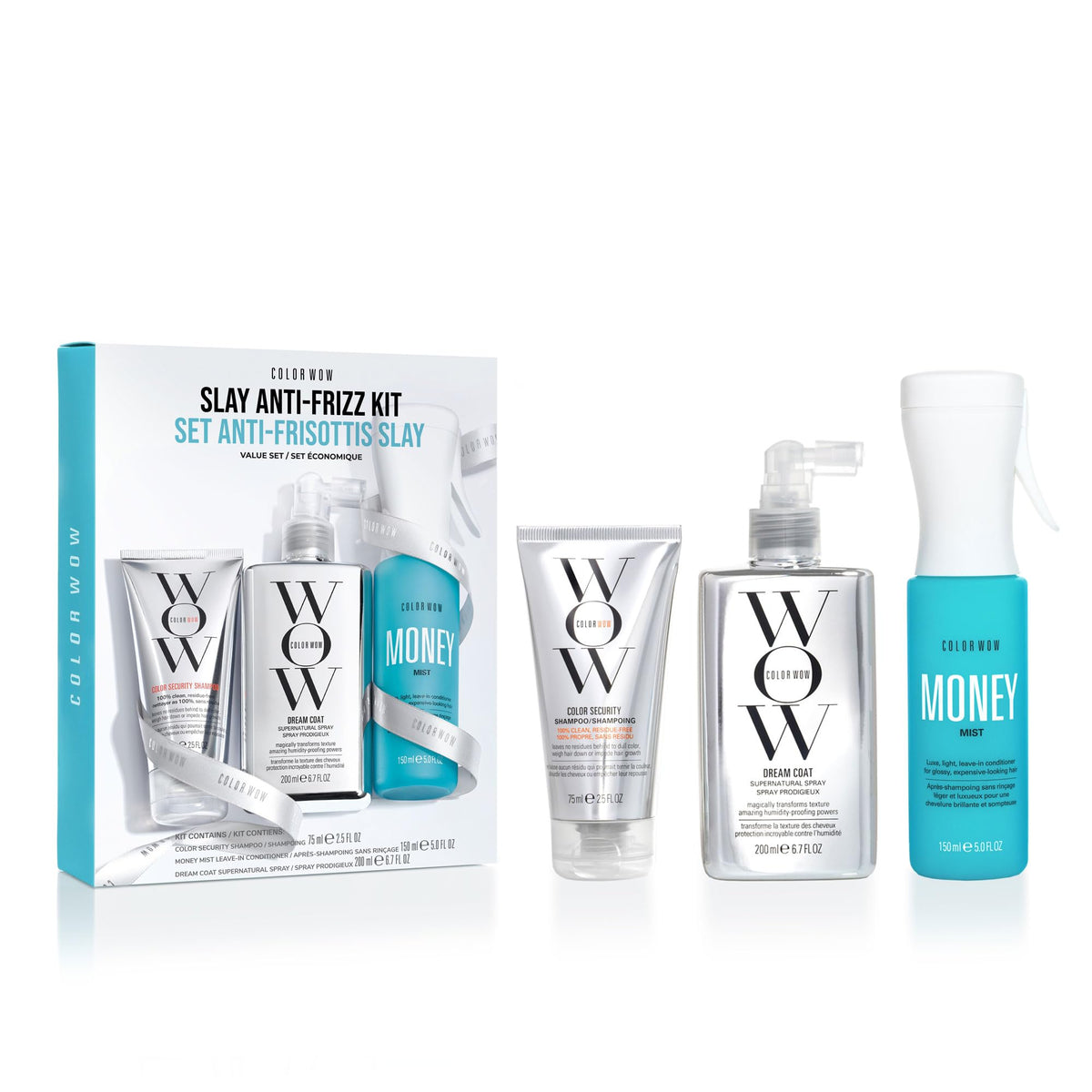 COLOR WOW Slay Kit front packaging showing all three products for smooth, frizz-free hair