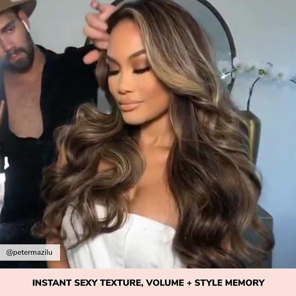 COLOR WOW model with tousled hair demonstrating natural-looking volume