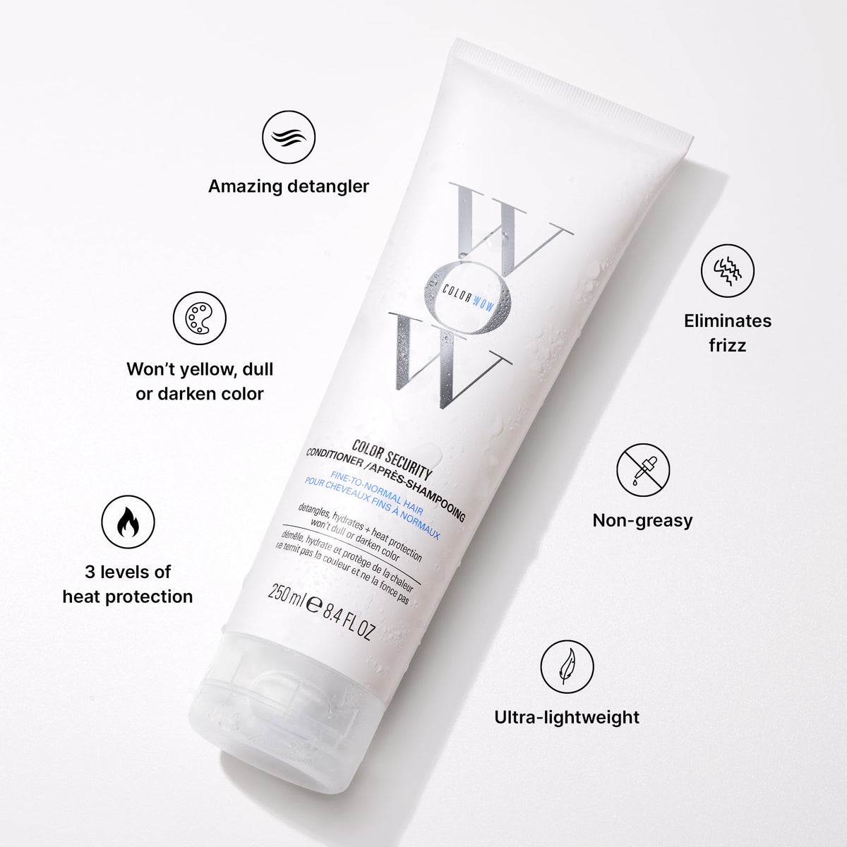 COLOR WOW texture on hand dispensing lightweight conditioner for smooth detangling