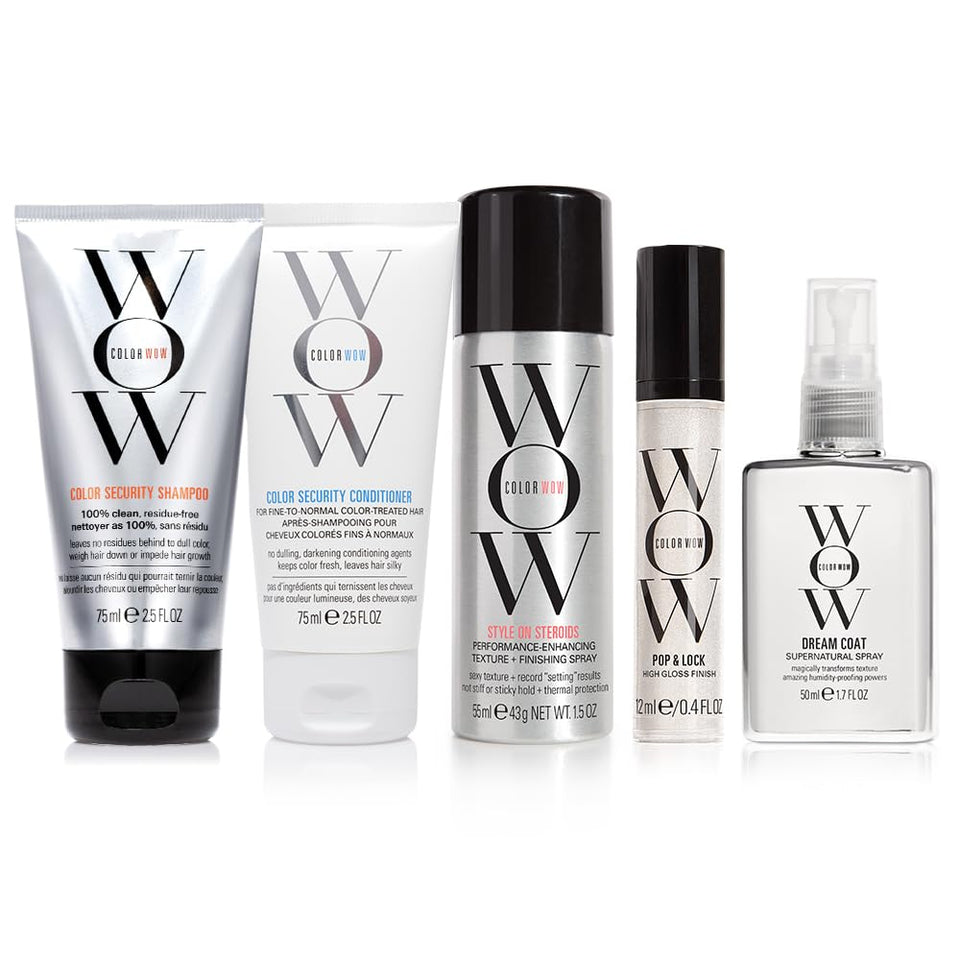 COLOR WOW travel kit front packaging showing all minis and pouch benefits
