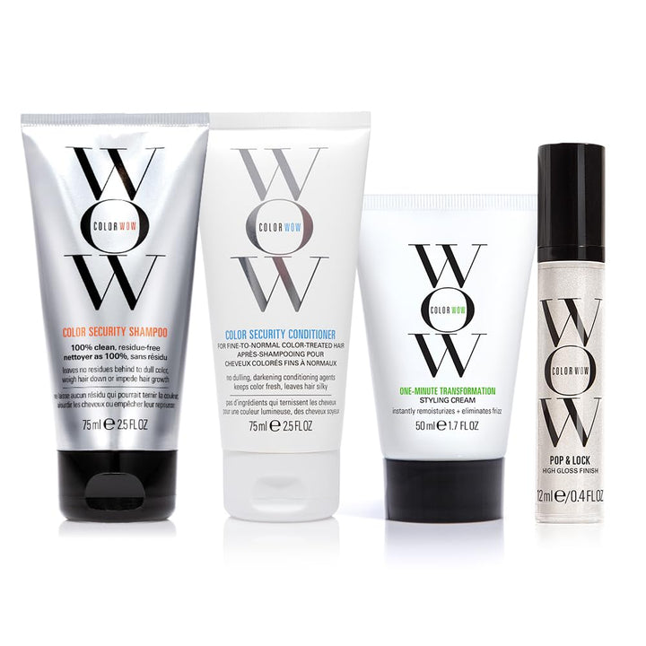 COLOR WOW travel kit front packaging showing compact bottles and branding for easy packing