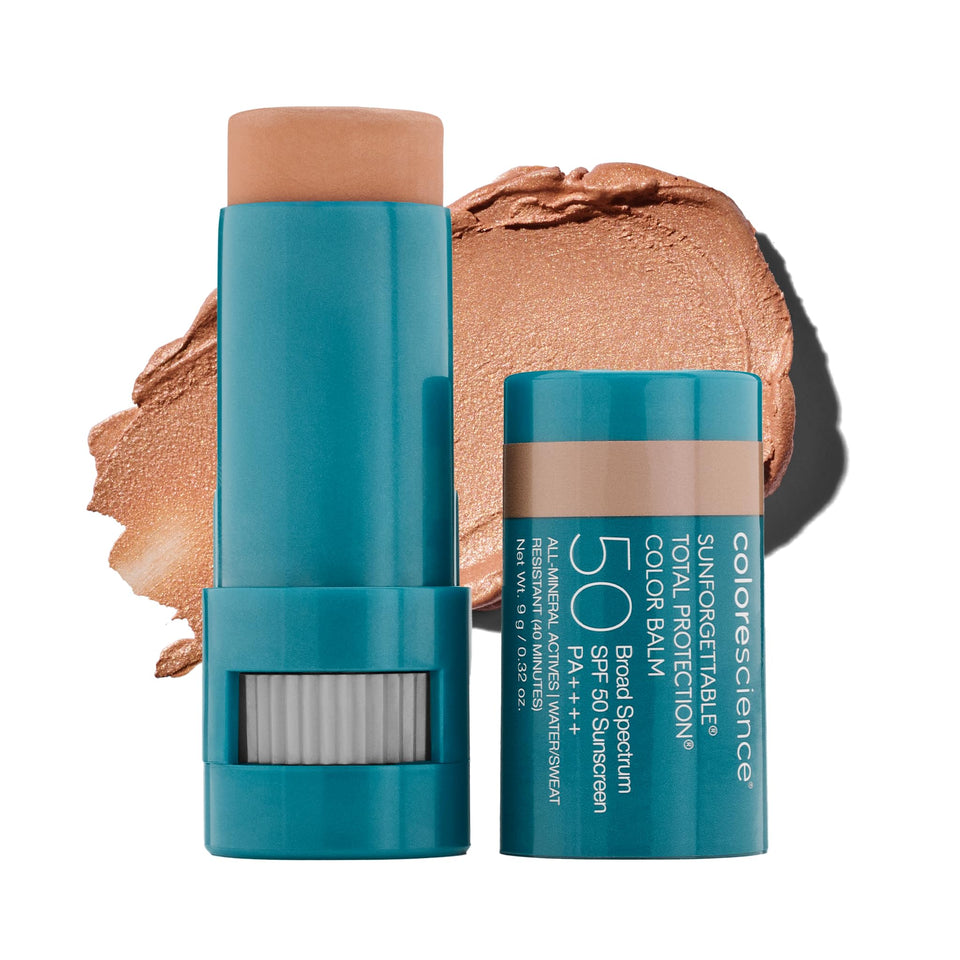 Colorescience color balm front view showing twist-up stick and protective cap benefit sunscreen
