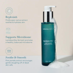 Colorescience Barrier Pro in bathroom routine highlighting one-step removal of sunscreen and makeup