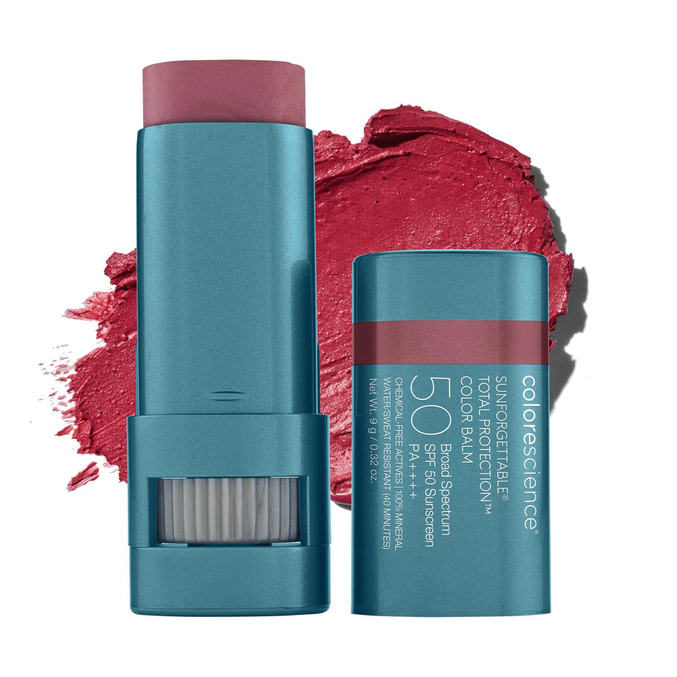 Colorescience balm front packaging showing berry shade and SPF protection benefit