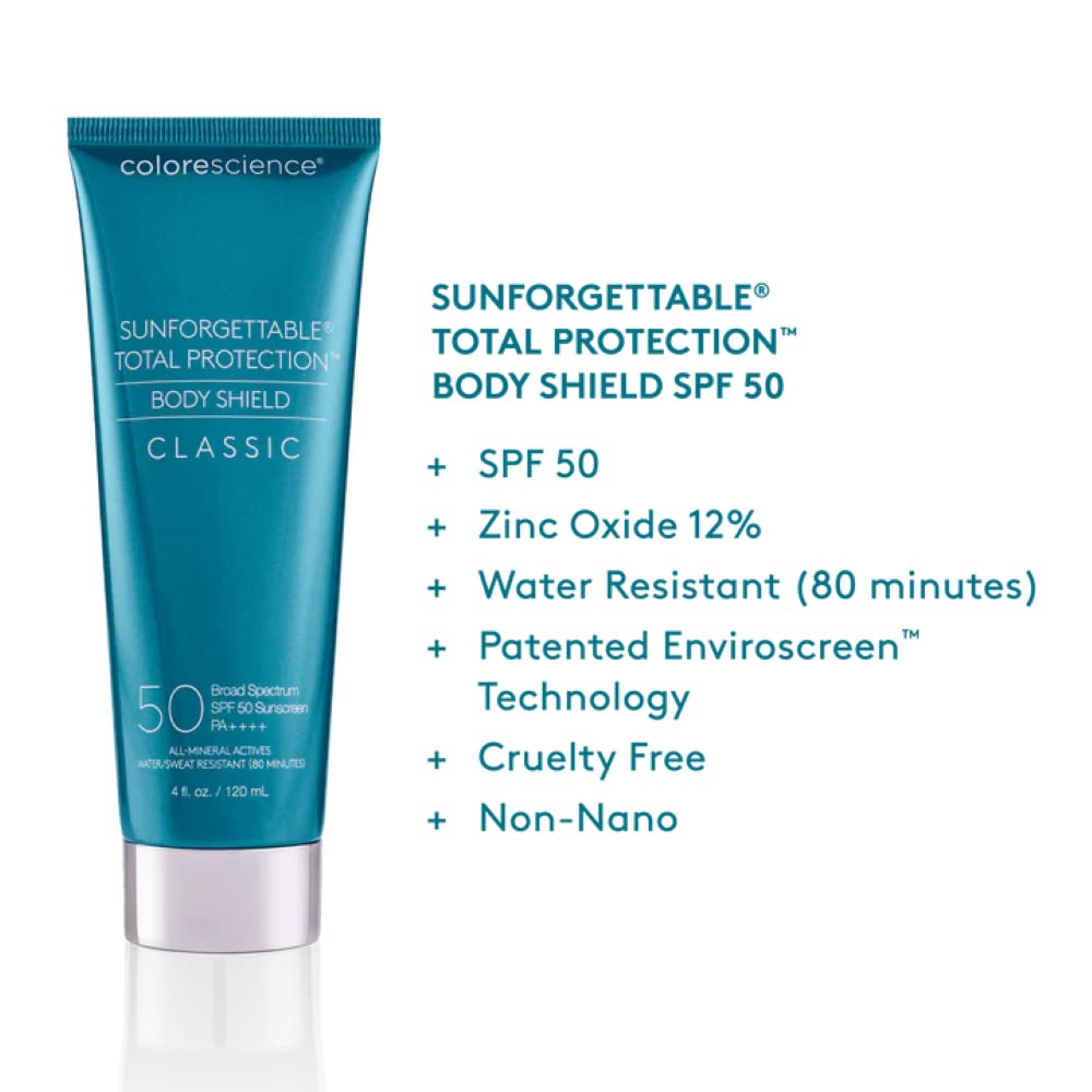 Colorescience Body Shield applied on forearm, visible no-white-cast finish