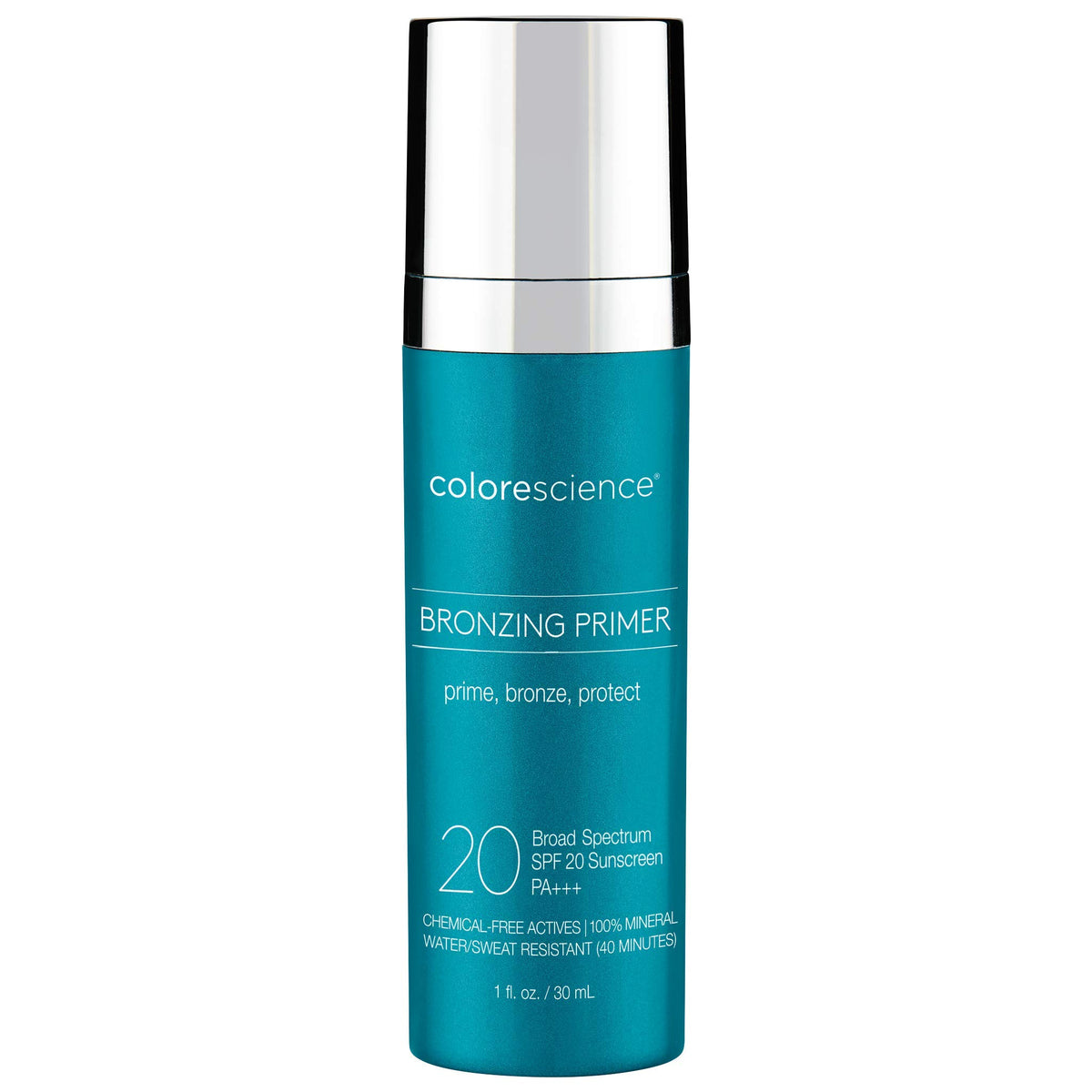 Colorescience bronzing primer front view showing tube and label, for easy identification and convenience
