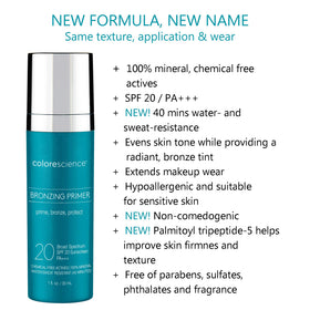 Colorescience bronzing primer texture close-up showing creamy bronze tint and blendable finish for smooth skin