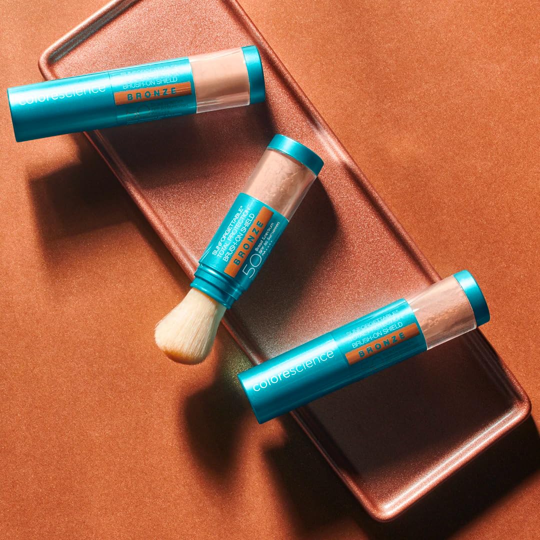 Colorescience applying bronze powder over makeup for quick mid‑day touch-ups