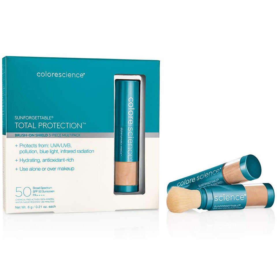 Colorescience brush-on shield front packaging showing three compact brushes and SPF benefit