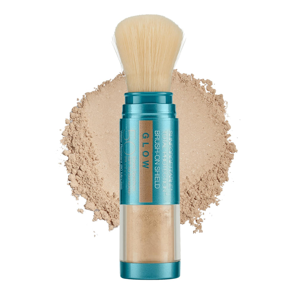 Colorescience brush-on shield glow front view showing compact packaging and travel convenience