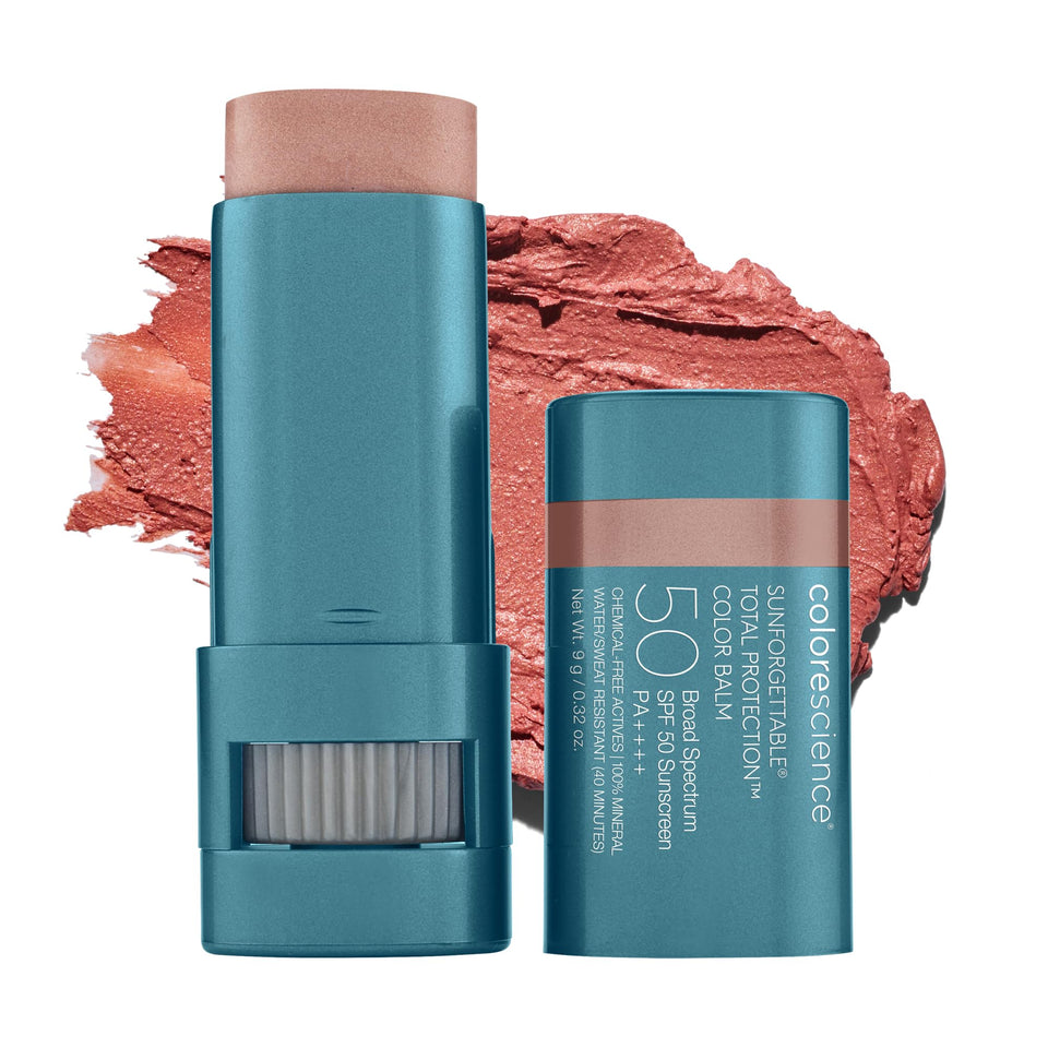 Colorescience front packaging showing SPF 50 balm and shade name, protection on the go