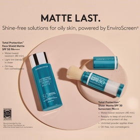Colorescience applied on cheek showing pore-blurring, matte benefit