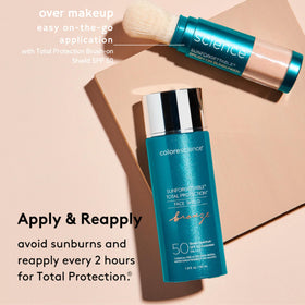 Colorescience Bronze Face Shield before and after comparison showing evened, radiant skin benefit