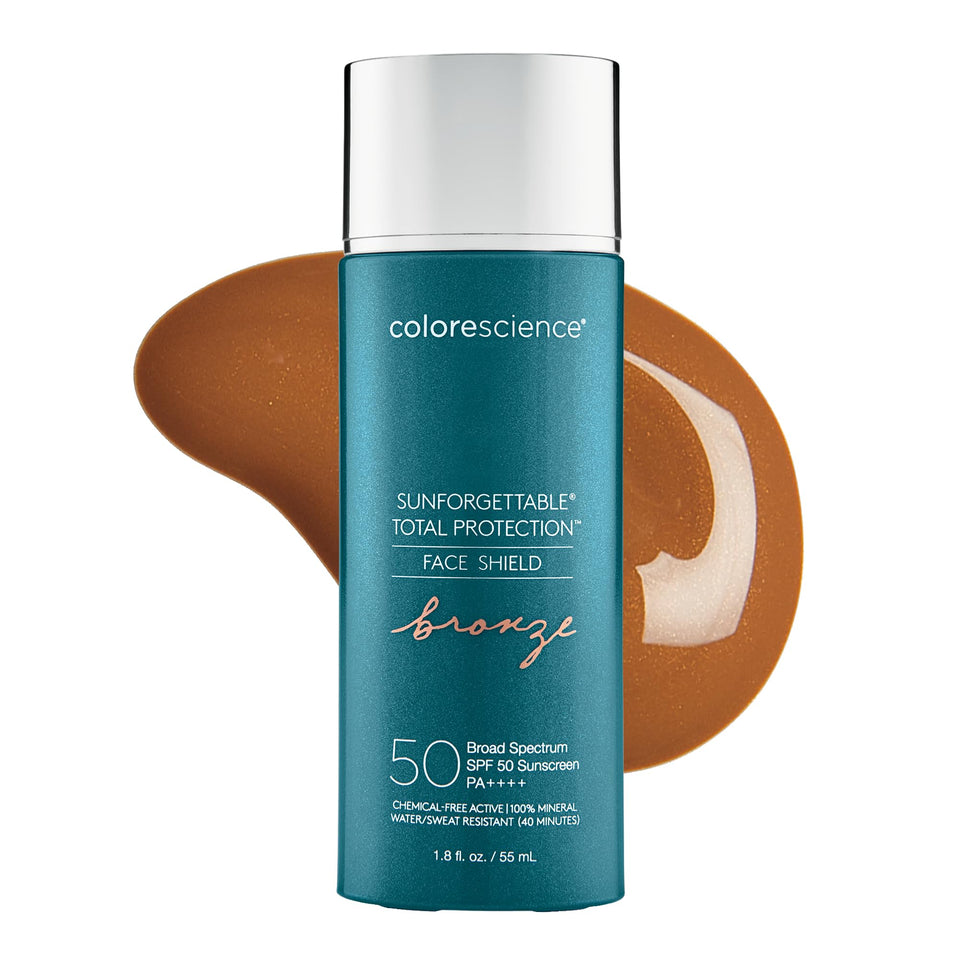 Colorescience Bronze Face Shield front packaging showing SPF details and benefit