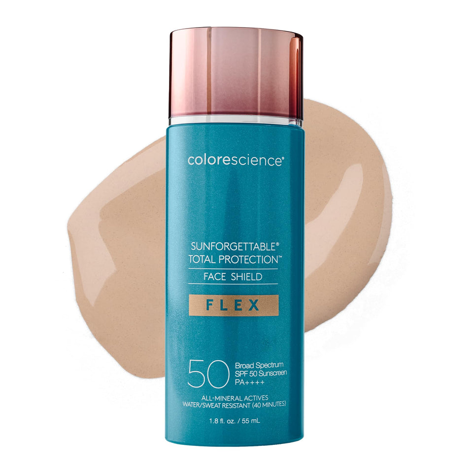 Colorescience FLEX front packaging showing SPF 50 protection and tone-adapting benefit