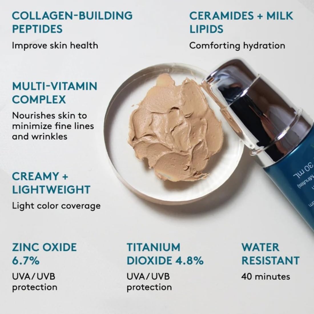 Colorescience foundation next to common items showing 1 fl oz scale benefit