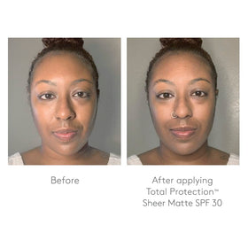 Colorescience in-use shot applying brush to t-zone for midday shine reduction benefit