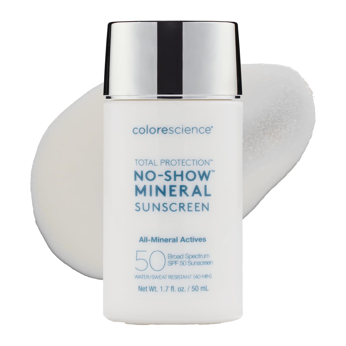 Colorescience front packaging shows SPF 50 protection and sleek bottle benefit