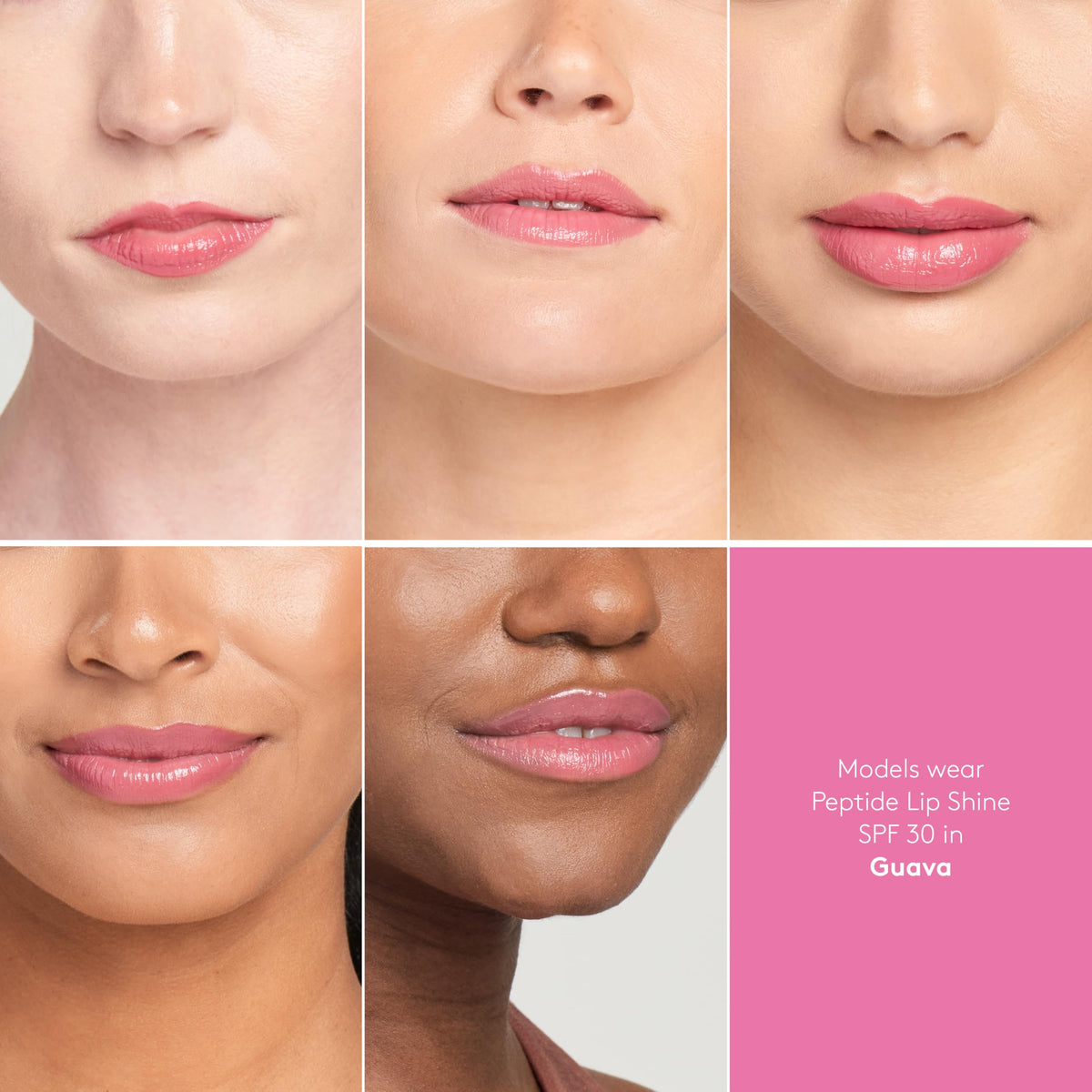 Colorescience gloss applied on lips in Guava shade, demonstrates subtle cool-pink tint and shine.