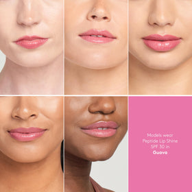 Colorescience gloss applied on lips in Guava shade, demonstrates subtle cool-pink tint and shine.