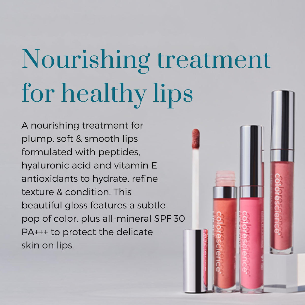 Colorescience Peptide Lip Shine Champagne applied on lips demonstrating plumping effect