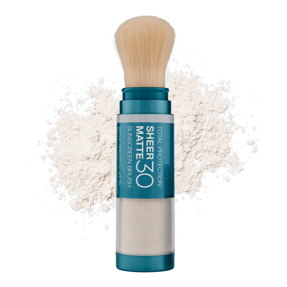 Colorescience brush front packaging showing compact SPF and matte finish benefit