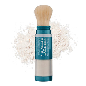 Colorescience brush front packaging showing compact SPF and matte finish benefit