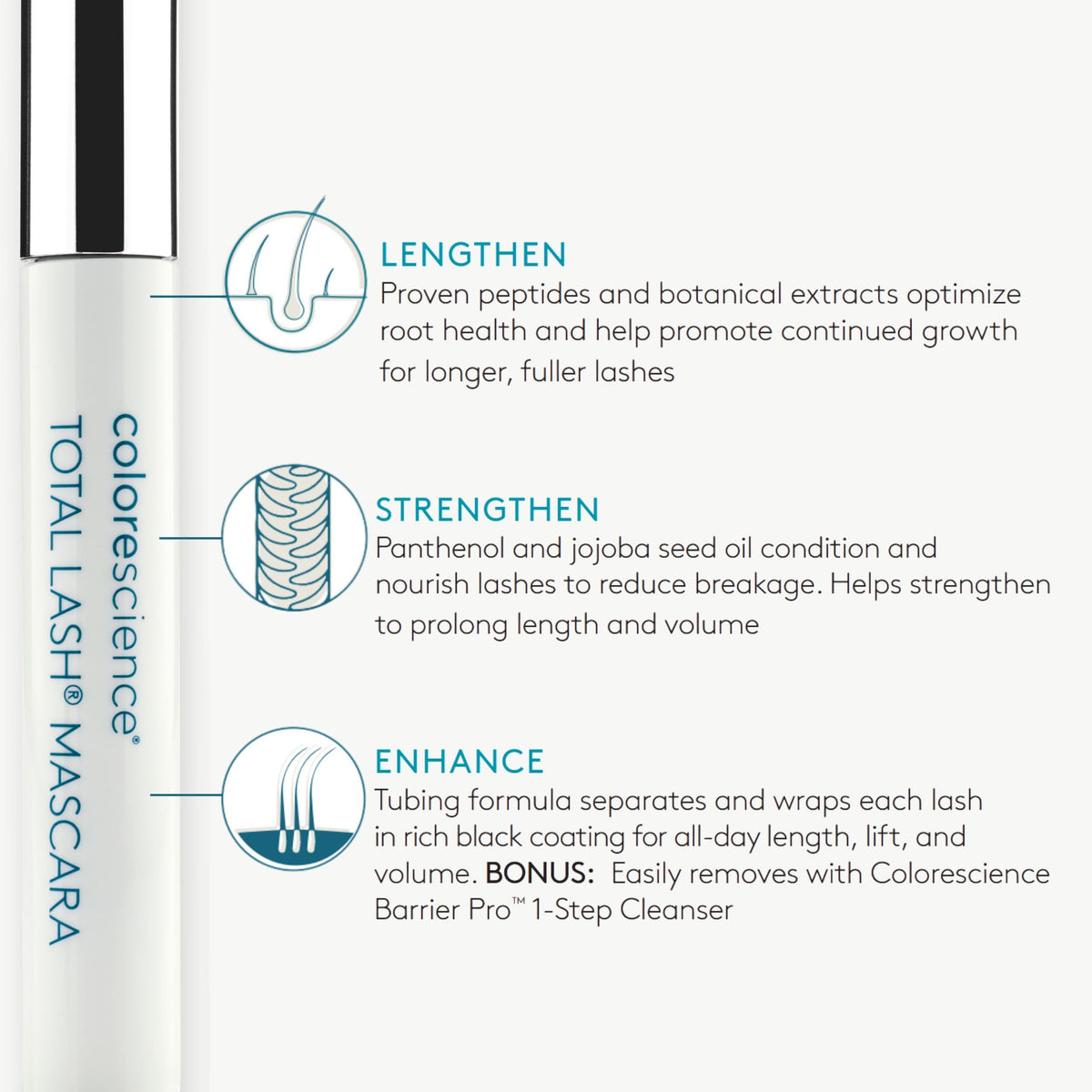 Colorescience model close-up wearing mascara for lifted, fanned lashes