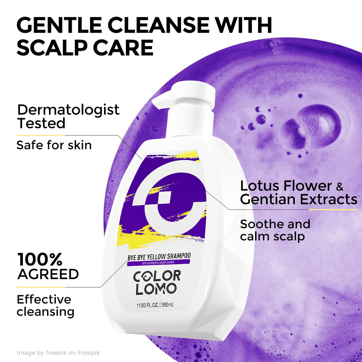 COLORLOMO applying shampoo to wet hair to neutralize yellow and brassy tones