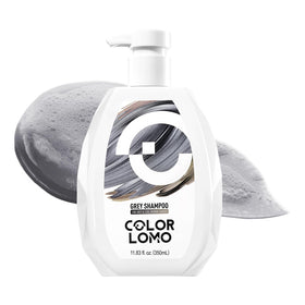 COLORLOMO front bottle view showing grey shampoo packaging and clear product benefit