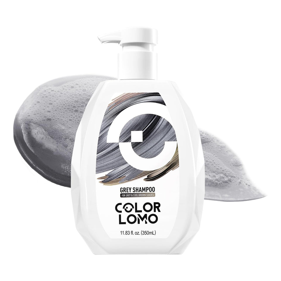 COLORLOMO front bottle view showing grey shampoo packaging and clear product benefit