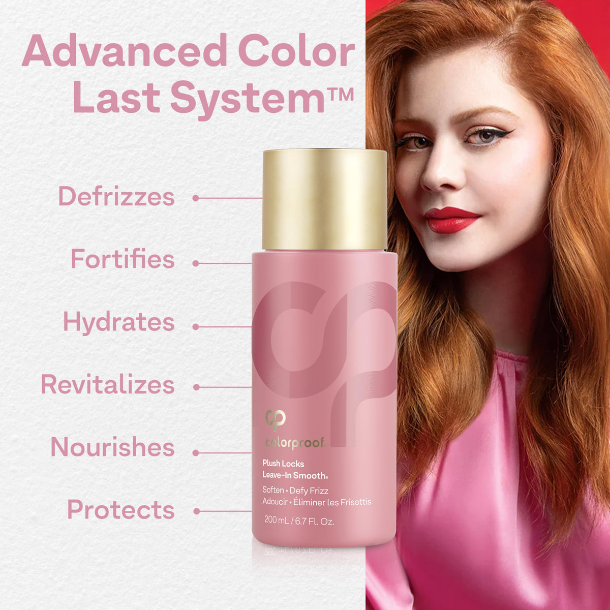 ColorProof plush locks bottle next to hand illustrating 6.7 fl oz size and portability benefit